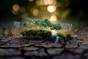 Miniature Ecosystem with Lush Forest and Glowing Waterfall Inside a Recycled Plastic Bottle on Dry Earth