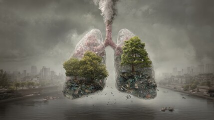 Lungs Transformed into Polluted Ecosystems with Smoke Emitting, Symbolizing Environmental Degradation