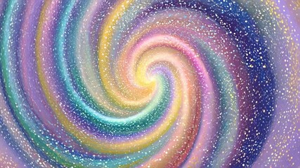 Circular swirl pattern with holographic rainbow gloss featuring a spiral of pastel gradients enhanced by shiny metallic speckles and smooth flowing texture - Powered by Adobe