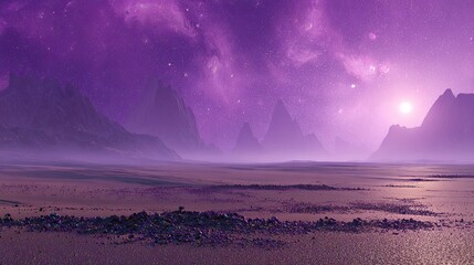 Mysterious Alien Landscape with Purple Haze and Distant Mountains Under a Cosmic Sky