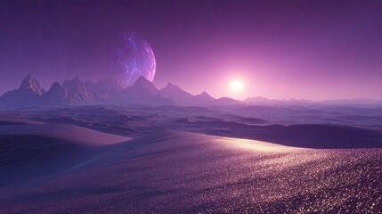 Dreamlike Alien Landscape with Purple Hues, Distant Planet, and Glowing Horizon Sun
