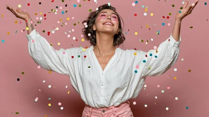 Joyful woman celebrating with colorful confetti falling around her, wearing stylish pink shorts and a white blouse, exuding happiness and positivity in a vibrant atmosphere of celebration and fun