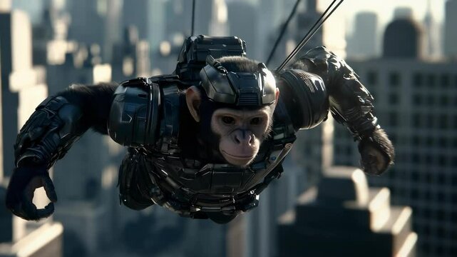 A futuristic, armored monkey flying through a cityscape, showcasing a blend of technology and animal imagery.