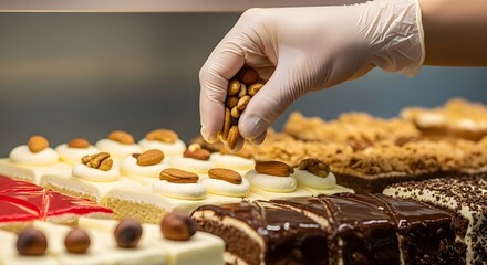 Selection of Nut-Topped Gourmet Cakes in Bakery Display
