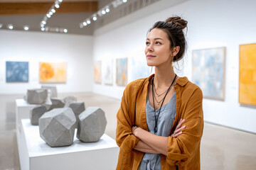 A woman thoughtfully observing abstract sculptures and paintings in a brightly lit modern art gallery.