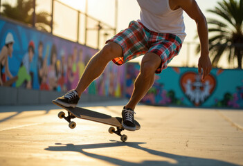 A young man skateboarding outdoors during sunset with colorful murals in the background