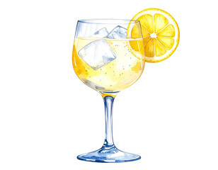 Watercolor illustration of a Gin Fizz cocktail in a tall glass. Cocktail drink watercolor illustration on transparent background.