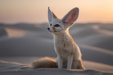 Fototapeta premium Adorable Fennec Fox with Large Ears Sitting on Desert Dunes at Sunset