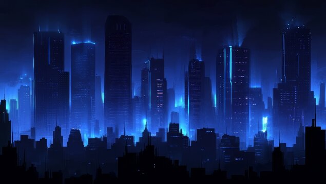 Neon blue futuristic city skyline at night