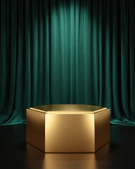  Luxurious Golden Hexagonal Podium in Front of Elegant Emerald Green Stage Curtains