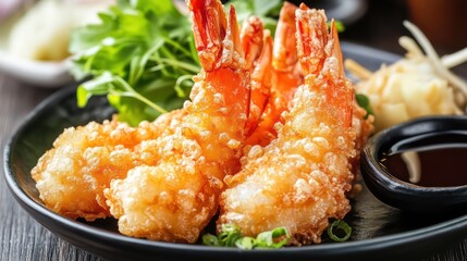 Golden Tempura Shrimp with Garnishes on a Black Plate, Close-Up View