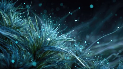 Abstract Glowing Bioluminescent Plant Life with Blue Light Particles in a Dark Setting
