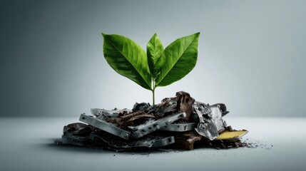  Resilient Green Sapling Growing from a Pile of Industrial Waste and Debris