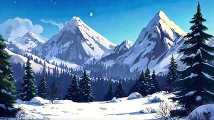 Stunning seamless winter mountain landscape with falling snow and evergreen trees, winter mountain landscape, seamless video background, cartoon anime style - Powered by Adobe