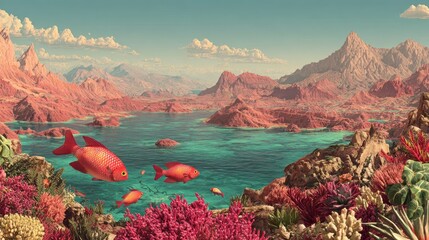 Obraz premium Vibrant Underwater Scene with Coral and Colorful Fish in Landscape