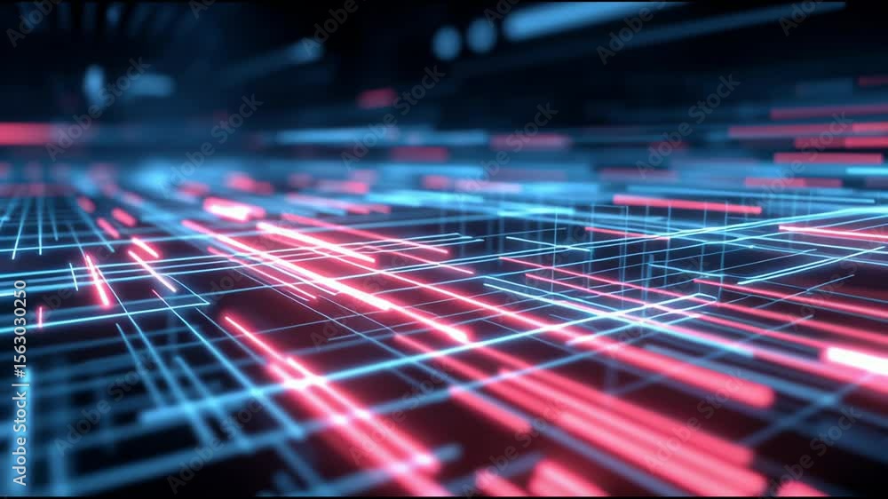 Poster vibrant neon lines interweaving across digital grid, visualizing urban technological network with pu