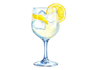 Watercolor illustration of a Gin Fizz cocktail in a tall glass. Cocktail drink watercolor illustration on transparent background.