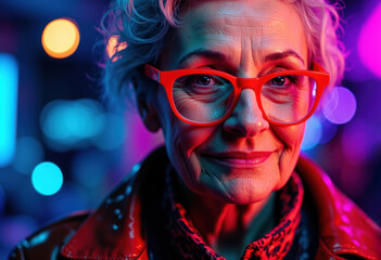 Close-up of an elderly woman with colorful lighting and red glasses, smiling confidently in a vibrant urban setting