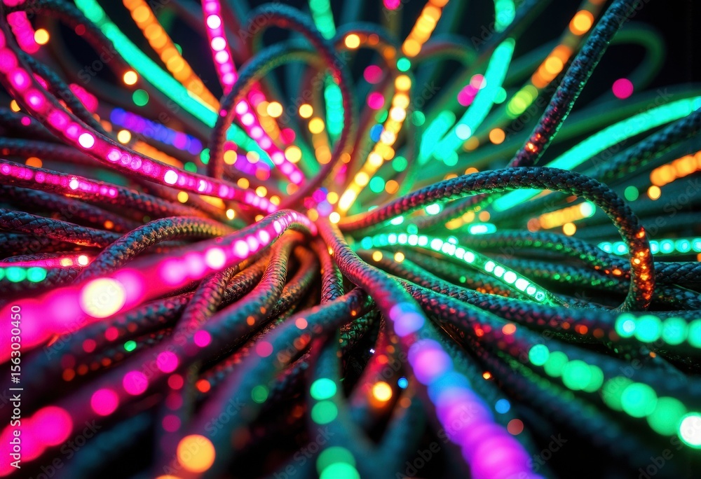 Aufkleber colorful neon light tubes create a vibrant, dynamic abstract pattern with glowing dots and lines