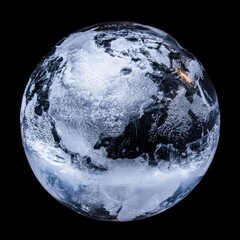 Close-up of a Textured Ice Globe Resembling a Frozen Earth on a Black Background