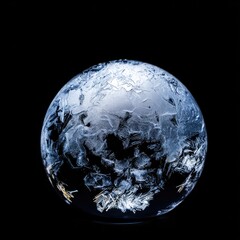 Abstract Ice Sphere or Frozen Planet with Textured Surface on a Dark Background
