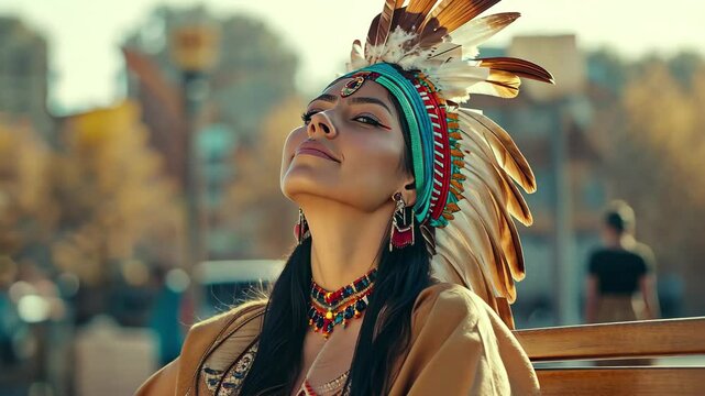 Young indigenous woman wearing traditional attire and headdress sitting in a city park under autumn sunlight, Young woman of indigenous ethnicity sitting on the bench in the square on a sunny