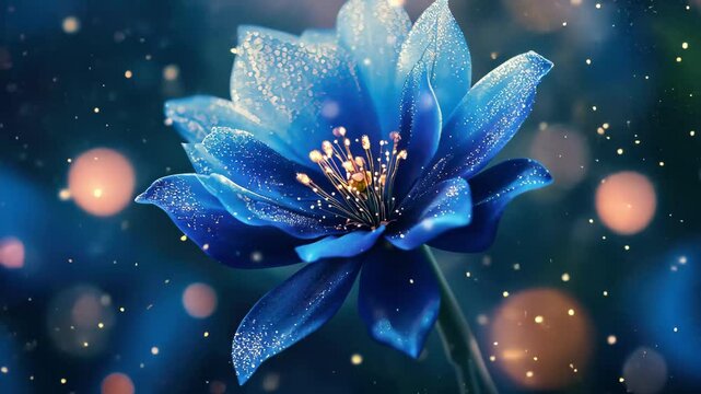 Blooming blue flower in a fantastical starry background creates an enchanting atmosphere, Abstract blue flower blooming Fantasy starry background of particles Suitable for stage effect