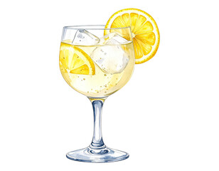 Watercolor illustration of a Gin Fizz cocktail in a tall glass. Cocktail drink watercolor illustration on transparent background.