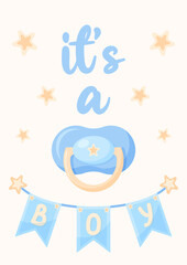 Gentle postcard It's a boy. Poster with baby Dummy and garland for gender reveal party in blue tones. Vector illustration.