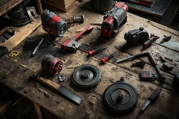 Worktable cluttered with various red and black power tools and accessories.  Dusty wooden workbench, high-angle view