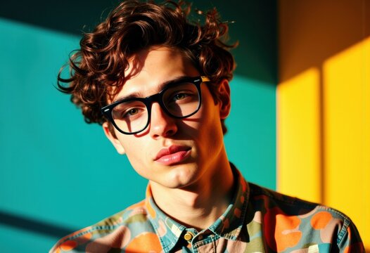 Young man with curly hair and glasses posing against colorful background - Powered by Adobe