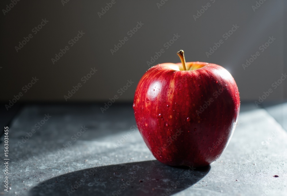 Poster fresh red apple with a shiny surface placed on a dark textured surface