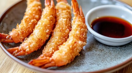 Crispy Tempura Shrimp with Dipping Sauce on a Textured Plate, Close-Up
