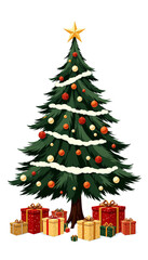 Christmas tree with colorful decorations and wrapped presents below  