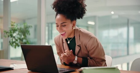 Business, celebration and woman in office, laptop and achievement with investment success. Person, finance profit and investor in workplace, cheering and pc with email, excited and stock market goal