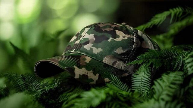 A camo-patterned baseball cap placed among green ferns in a natural, lush setting. - Powered by Adobe