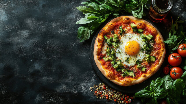 Top view of clean, nutritious food like avocado, eggs, greens contrasted with fast food like pizza and soda, nutrition comparison