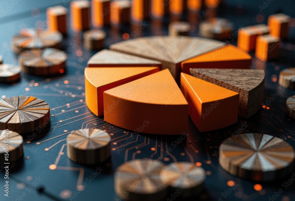 Poster close-up of a pie chart with orange and wooden segments on a digital circuit background