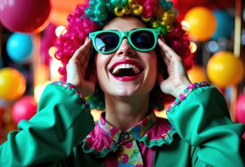 Colorful clown woman wearing bright sunglasses and a rainbow wig at a festive celebration