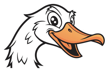 Cheerful cartoon goose head features large eyes and an orange beak with black outline