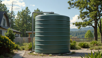 Obraz premium Large green water storage tank. Represents water conservation, agriculture, sustainability, or utility. Functional and eco-friendly.
