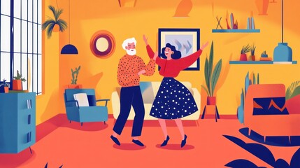 Happy senior couple dancing in a vibrant living room