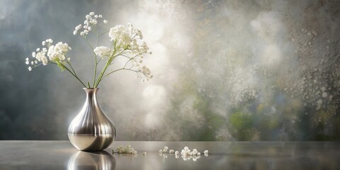 Serene Still Life Delicate White Blooms in Elegant Metal Vase on Reflective Surface