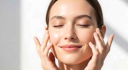 Fototapeta premium A serene woman with closed eyes gently touches her face, enjoying sunlight.