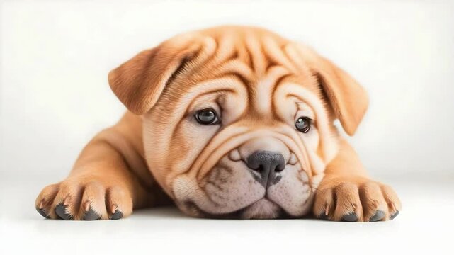 A cute, curious Shar Pei puppy with wrinkled skin and large, expressive eyes lying down.