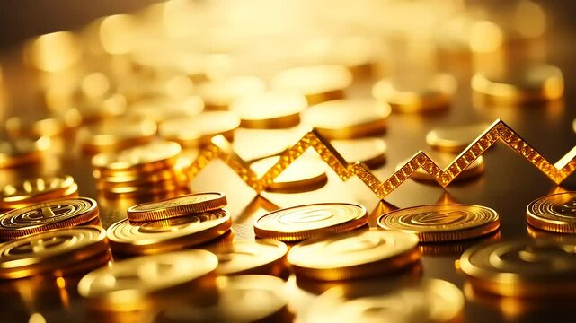 Golden coins scattered with a rising graph illustrating financial growth in a warm, illuminated setting