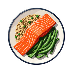 Vibrant salmon and quinoa plate on white background, healthy eating concept