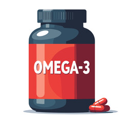 Bold omega-3 capsule container on white background, health energy