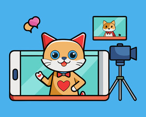 Cute cat influencer live streaming on a mobile phone with camera setup illustration