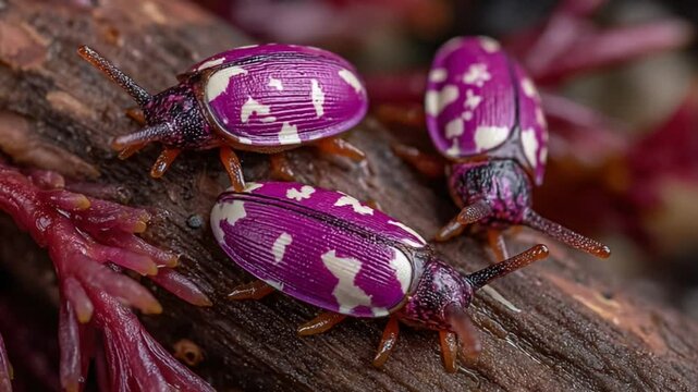Close up of three vibrant purple and white beetles crawling on a dark brown log